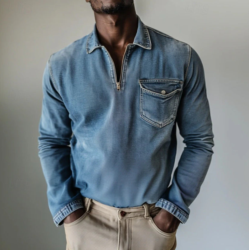 Mens Top Half-zip Lapel Denim Long-sleeve Shirt