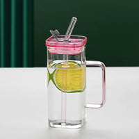 Pink Borosilicate Glass Cup with Straw & Lid | Square Drink Cup | Everyday Home Deal
