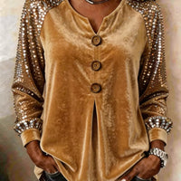 Button And Sequin Long-sleeve Womens Casual Top