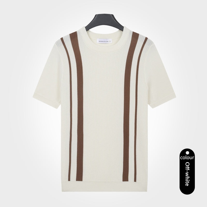 Men's Ice-Silk Cool-Feel Striped Crew-Neck Knitted Top - Premium Apparel Deal | Everyday Home Deal