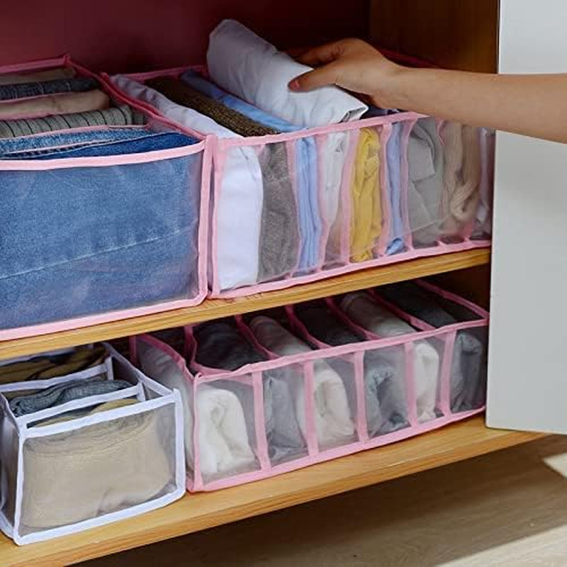 2PCS Wardrobe Clothes Organizer, Drawer Organizer Clothes Organizer Wardrobe Organizer Jeans Compartment Storage Box Foldable Closet Drawer Organizer, Mesh Clothes Organizer for Folded Clothes, Pink