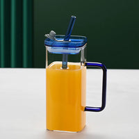 Blue Borosilicate Glass Cup with Straw & Lid | Square Drink Cup | Everyday Home Deal