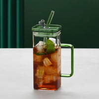 Square Borosilicate Glass Cup with Straw & Lid | 6 Colors 1PC | Everyday Home Deal