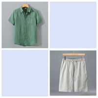 Men's Pure Linen Shorts and Short Sleeve Shirt Set - Summer Loose Casual Lightweight Outfit - Premium Apparel Deal | Everyday Home Deal