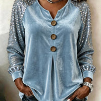 Button And Sequin Long-sleeve Womens Casual Top