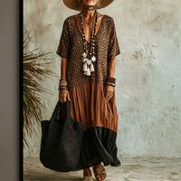 Casual Leopard-Print Colorblock V-Neck Dress