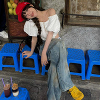 Street Girl Style One-shoulder Pleated Bubble Short-sleeved Shirt