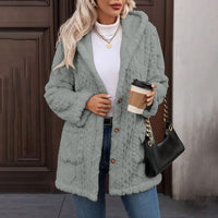 Hooded Solid-Color Cardigan With Buttons, Long-Sleeve Casual Jacket