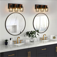 18inch Industrial Vintage 3-Light Wall Sconce - Black Cage Wall Lighting Fixture With Wooden Accents For Bathroom, Hallway, Or Living Room Bulb Not Included