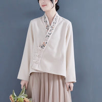 Double-sided Coral-fleece Ethnic-style Embroidered Long-sleeve Loose-fit Cropped Jacket Top