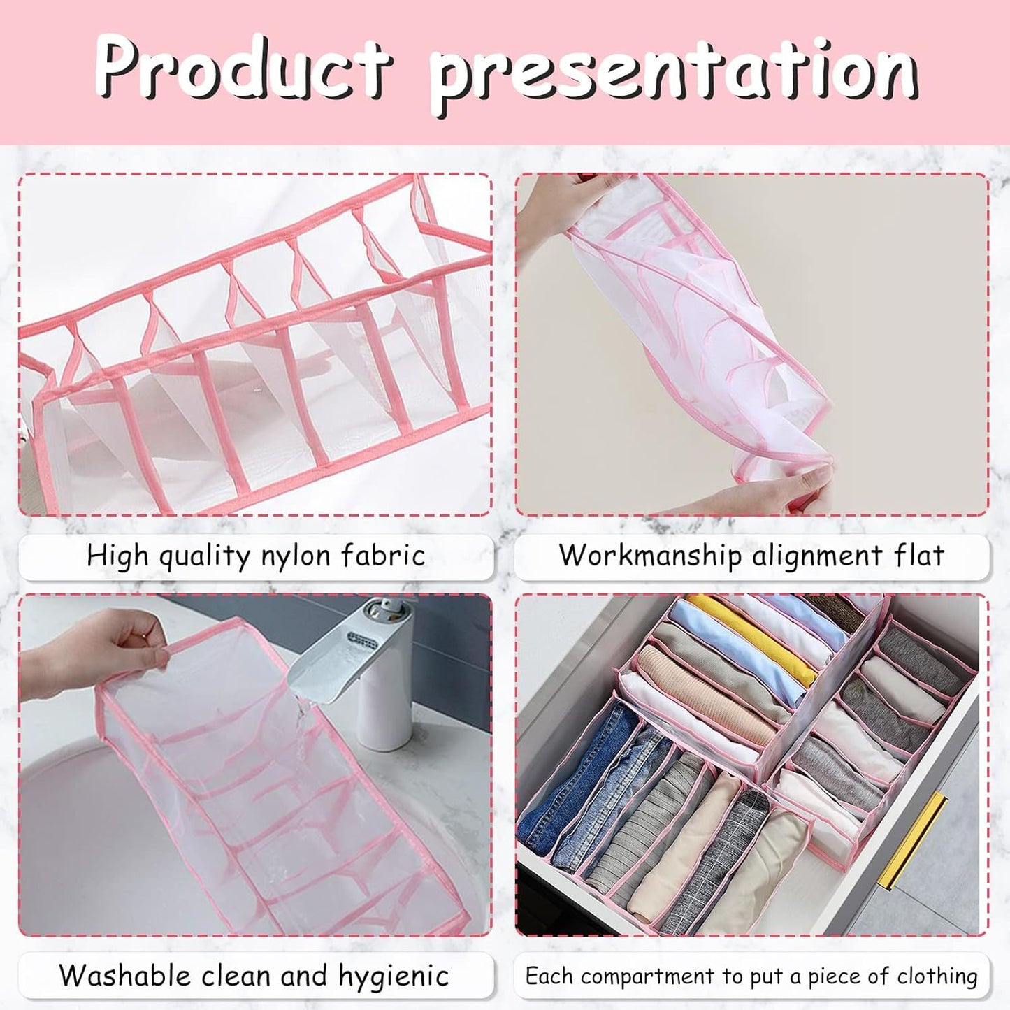 2PCS Wardrobe Clothes Organizer, Drawer Organizer Clothes Organizer Wardrobe Organizer Jeans Compartment Storage Box Foldable Closet Drawer Organizer, Mesh Clothes Organizer for Folded Clothes, Pink