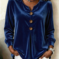 Elegant V-neck Buttoned Long-sleeve Velvet Blouse For Women