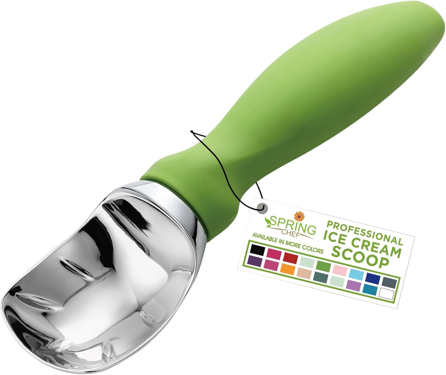 Green Heavy Duty Ice Cream Scoop with Non-Slip Handle - Professional Metal Ice Cream Scooper for Cookie Dough, Frozen Yogurt, Gelato, Sorbet, Melon - Dishwasher Safe Kitchen Tool