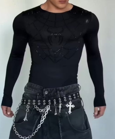 Men's Rhinestone Spiderweb Long Sleeve TOP - Premium Apparel Deal | Everyday Home Deal