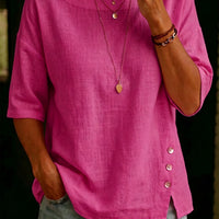 Asymmetrical Button Design Round Neck Loose-fitting Casual Top