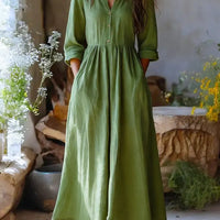 Womens Solid-color Long-sleeve Retro Cotton-linen Dress