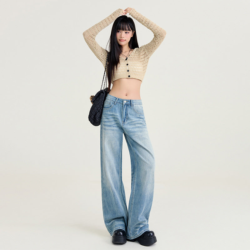 Womens Light-blue Washed Wide-leg Jeans