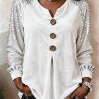 Button And Sequin Long-sleeve Womens Casual Top