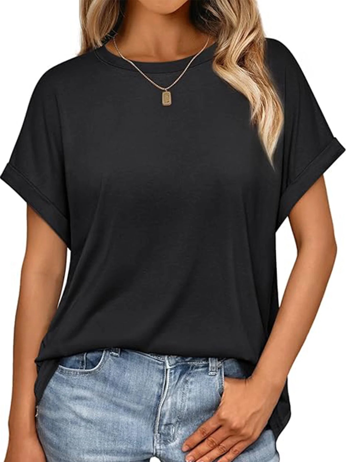 Women Casual Tops Summer Short Sleeve Crew Neck T Shirts Trendy Black Tunic Tee Solid Blouses for Lady Size L