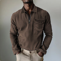 Mens Top Half-zip Lapel Denim Long-sleeve Shirt