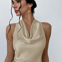 Women Solid Color Swing Collar Sleeveless Vest Trendy Elegant Shirt With Halter Neckline Backless Short Sleeve Tops Tshirts