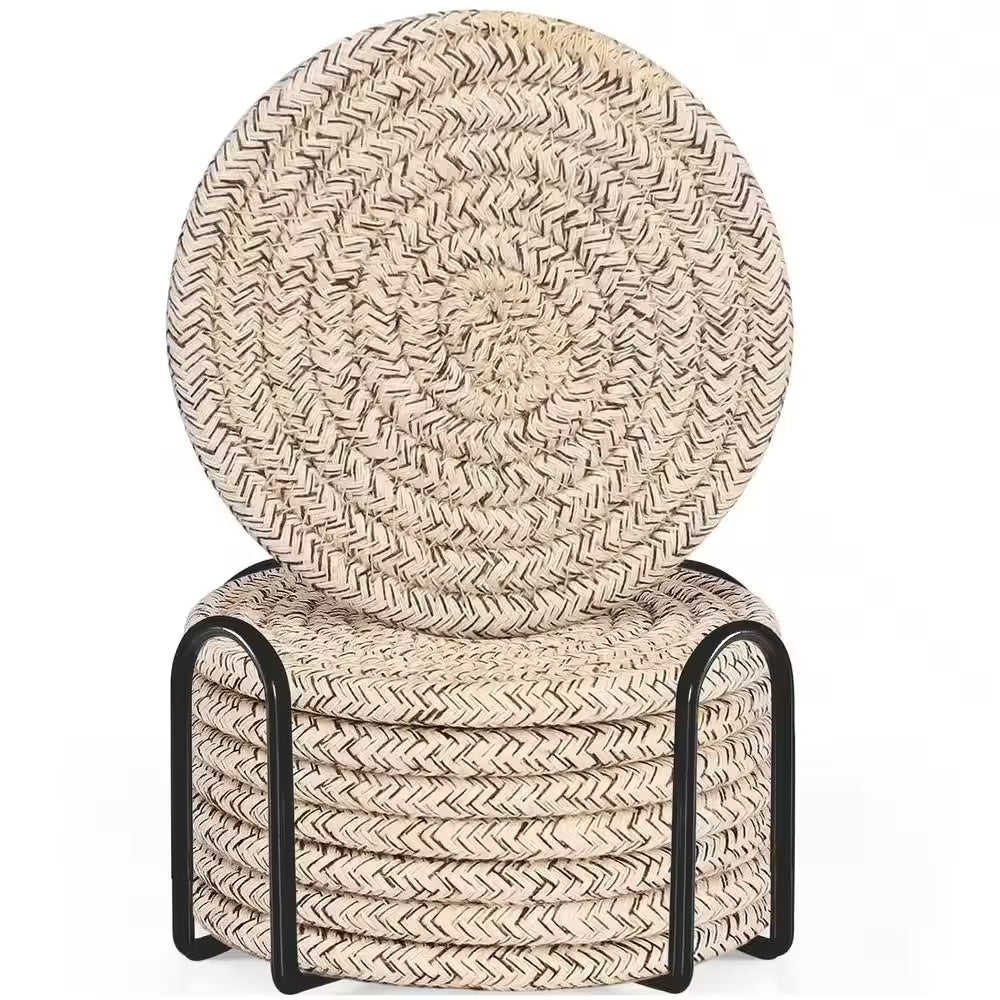 8 Pack 4.4 In. Brown Coasters with Holder. Cotton Woven Absorbent Coasters for Drinks, Minimalist Home Decor