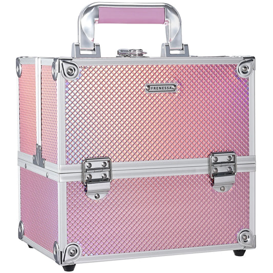 4 Trays Makeup Train Case Cosmetic Storage with Dividers Lockable Jewelry Makeup Box Organizer Pink