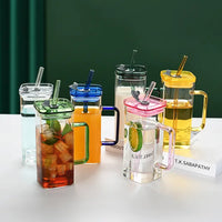 Blue Borosilicate Glass Cup with Straw & Lid | Square Drink Cup | Everyday Home Deal