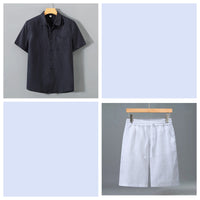 Men's Pure Linen Shorts and Short Sleeve Shirt Set - Summer Loose Casual Lightweight Outfit - Premium Apparel Deal | Everyday Home Deal