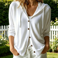 Fashion Women's Solid Color Hooded Long Sleeve Button Down Loose Cardigan