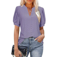 Spring & Summer Casual V-neck Solid Color Hollow-out Puff Sleeve Loose T-shirt Summer Shirt For Women