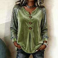 Button And Sequin Long-sleeve Womens Casual Top