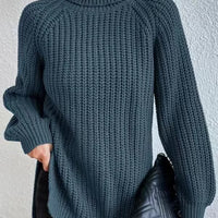 Turtleneck Pullover Sweater With Split Design Fashion Simple Solid Color Long Sleeve Tops Women's Clothing