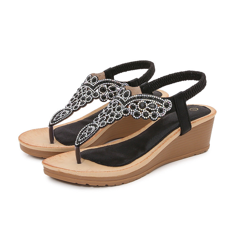 Womens Bohemian-Style Flip-Flops With Beaded And Rhinestone Buckles Elastic Back Strap
