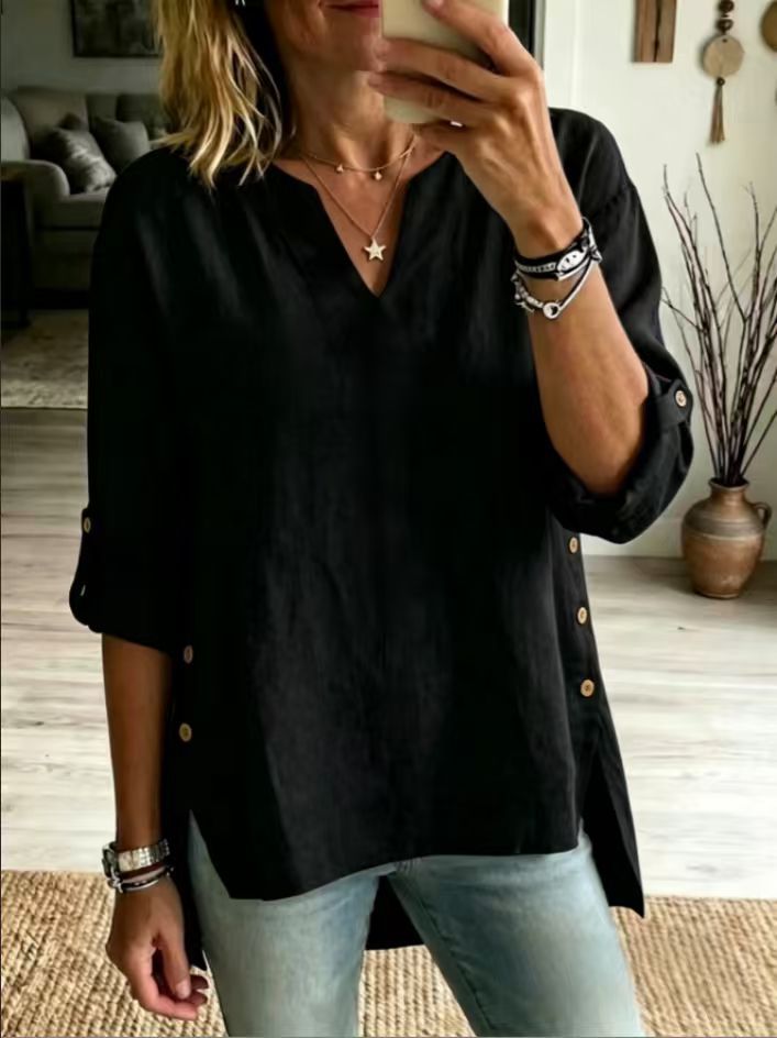 Loose Casual V-neck Three-quarter-sleeve T-shirt For Women