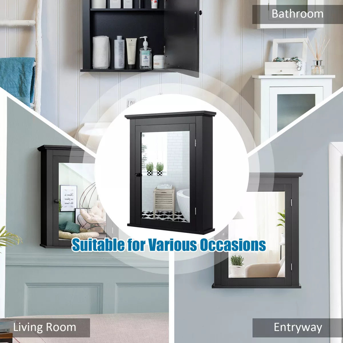 Costway room Mirror Cabinet Wall Mounted Adjustable Shelf Medicine Grey/Black