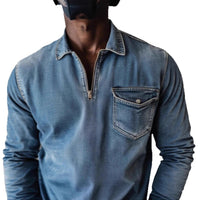 Mens Top Half-zip Lapel Denim Long-sleeve Shirt