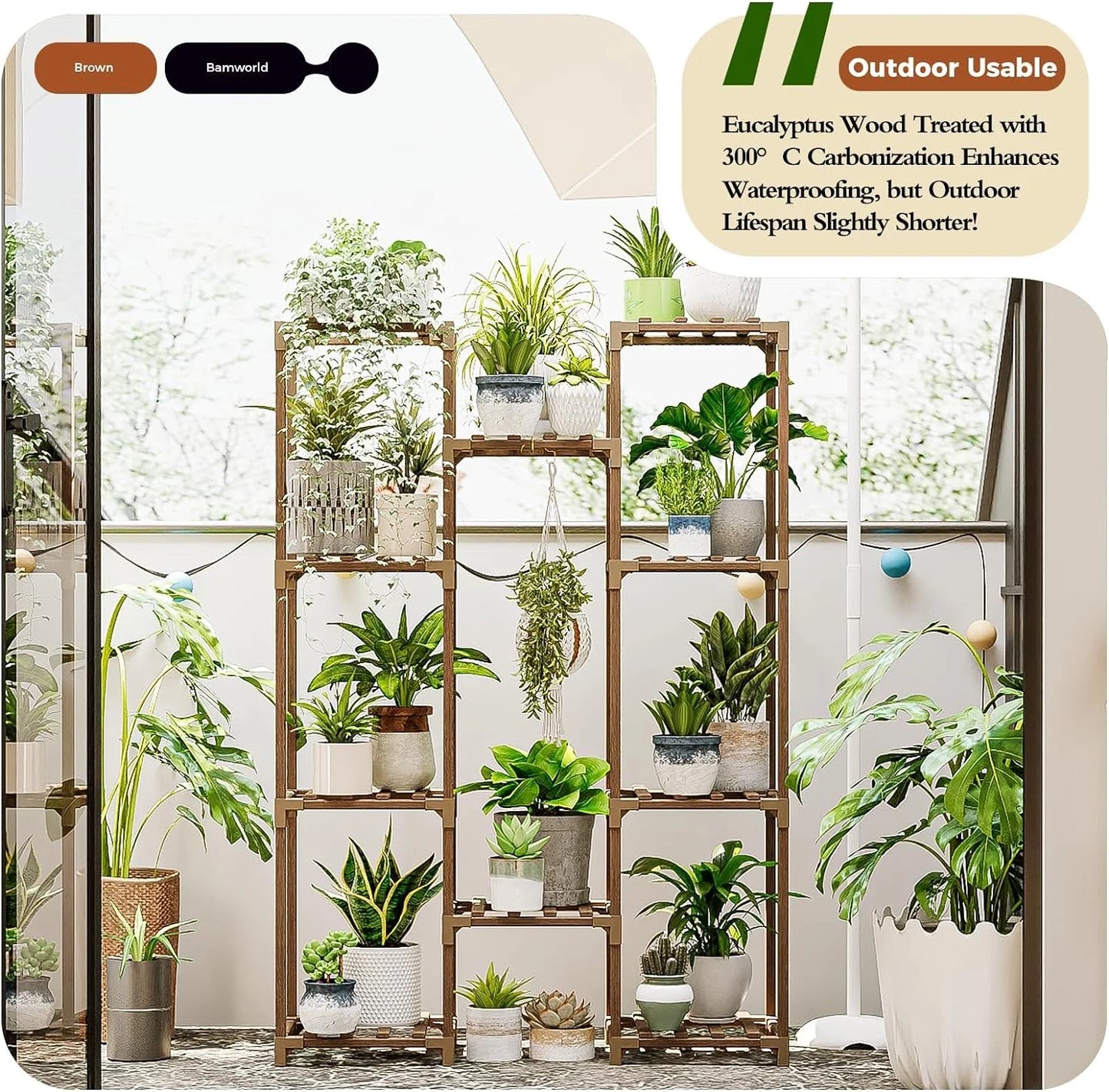 Plant Stand Indoor Outdoor Hanging Plant Shelf ,Wood Flower Stand Tall Large Flower Holder for Living Room, Patio, Balcony, Brown