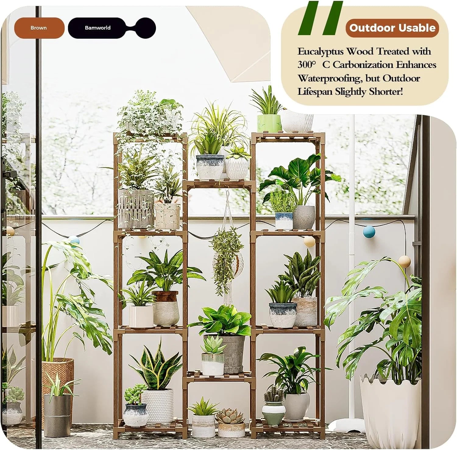 Plant Stand Indoor Outdoor Hanging Plant Shelf ,Wood Flower Stand Tall Large Flower Holder for Living Room, Patio, Balcony, Brown