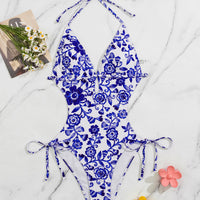 Women's Blue Floral Halter One-Piece Swimsuit, Cutout Waist & Tie-Side Cheeky Bathing Suit