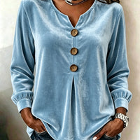 Elegant V-neck Buttoned Long-sleeve Velvet Blouse For Women