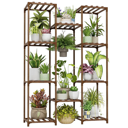 Plant Stand Indoor Outdoor Hanging Plant Shelf ,Wood Flower Stand Tall Large Flower Holder for Living Room, Patio, Balcony, Brown