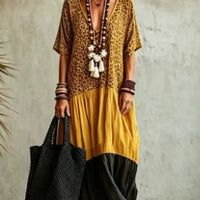Casual Leopard-Print Colorblock V-Neck Dress