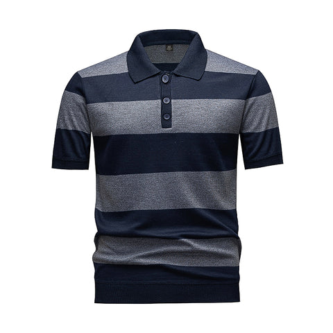 Men's Navy & Grey Horizontal Striped Knit Polo Shirt - Premium Apparel Deal | Everyday Home Deal