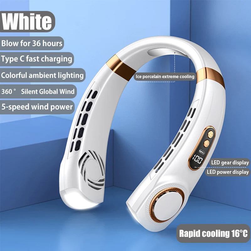 Portable Hanging Neck Fan LED Digital Display Light USB Rechargeable Bladeless Electric Fan Mini Air Cooler Neck Camping Fan