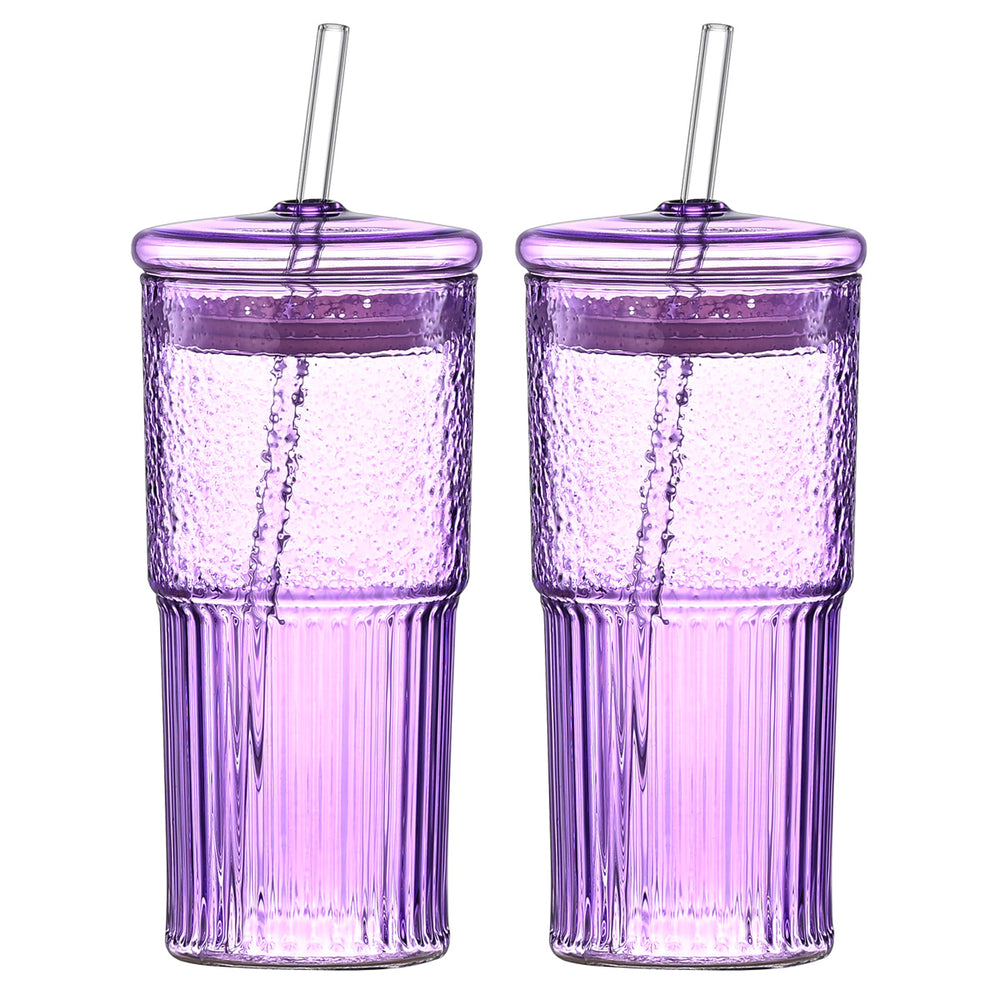 20 Oz Purple Glass Straw Cups 2-Pack with Lids – Borosilicate Heat-Resistant Drinking Cups for Juice, Milk & Cold Drinks | Everyday Home Deal