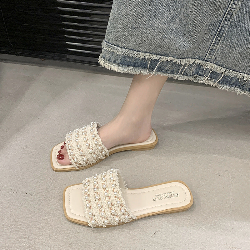 Women's Pearl-Embellished Suede Flat Slide Sandals | Everyday Home Deal