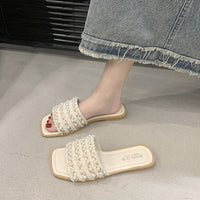 Pearl-embellished Flat Slide Sandals For Women