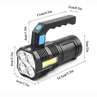 LED Flashlight USB Rechargeable Torch COB Spotlight Camping Light High Lumens Emergency Lamp 4 Modes Waterproof Work Light