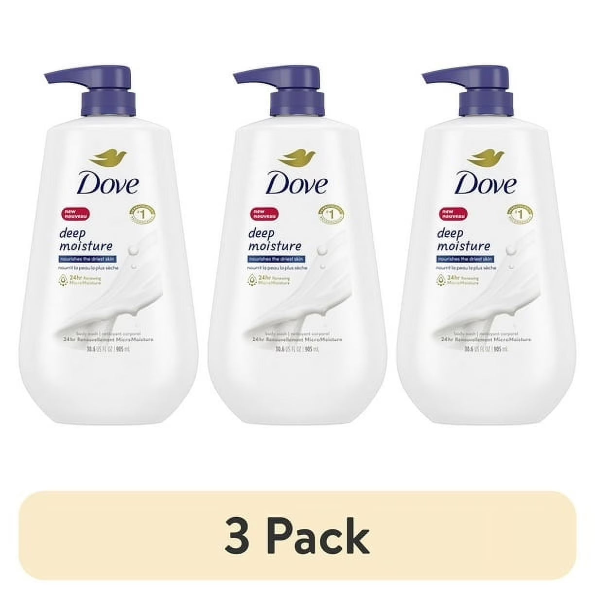 (3 Pack)  Body Wash with Pump for 24Hr Lotion-Soft Skin Deep Moisture Moisturizing Skin Cleanser with No Sulfates No Parabens, 30.6 Fl Oz
